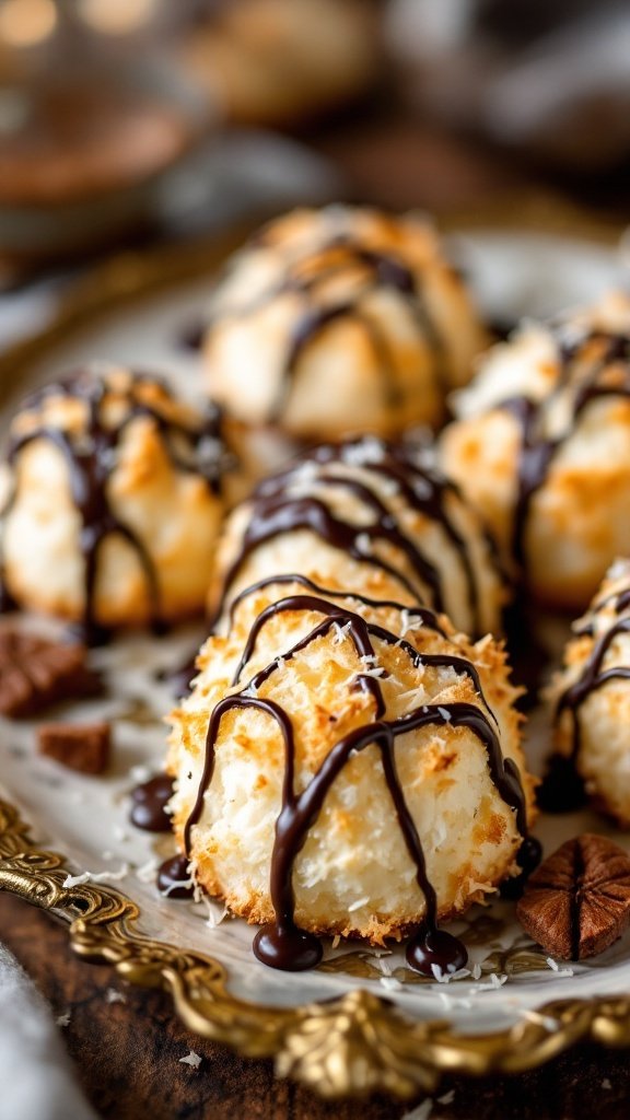 Coconut macaroons drizzled with chocolate on a decorative plate.