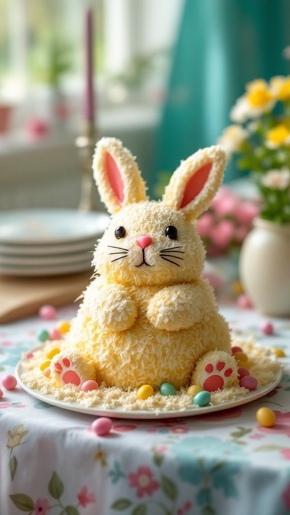 A cheerful Easter Bunny Cake decorated with coconut and colorful candies.