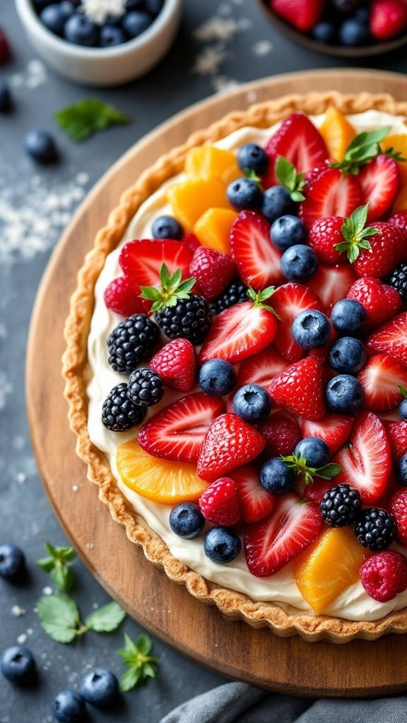 A colorful fruit tart topped with strawberries, blueberries, blackberries, and oranges resting on a wooden surface.