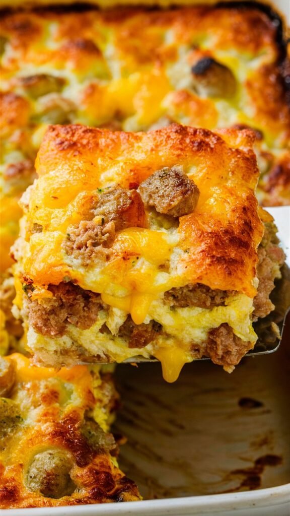 golden brown breakfast casserole, with melted cheese bubbling on top