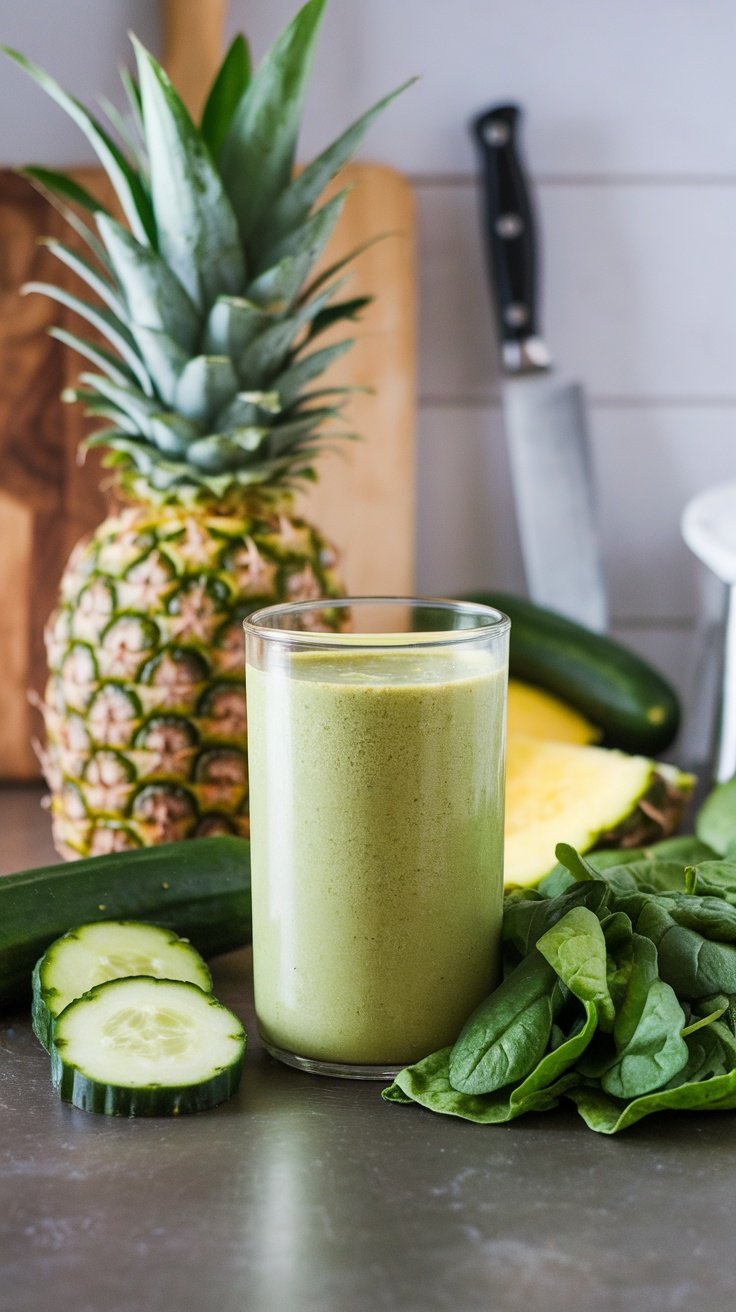 Green detox smoothie in a glass with fresh ingredients around.