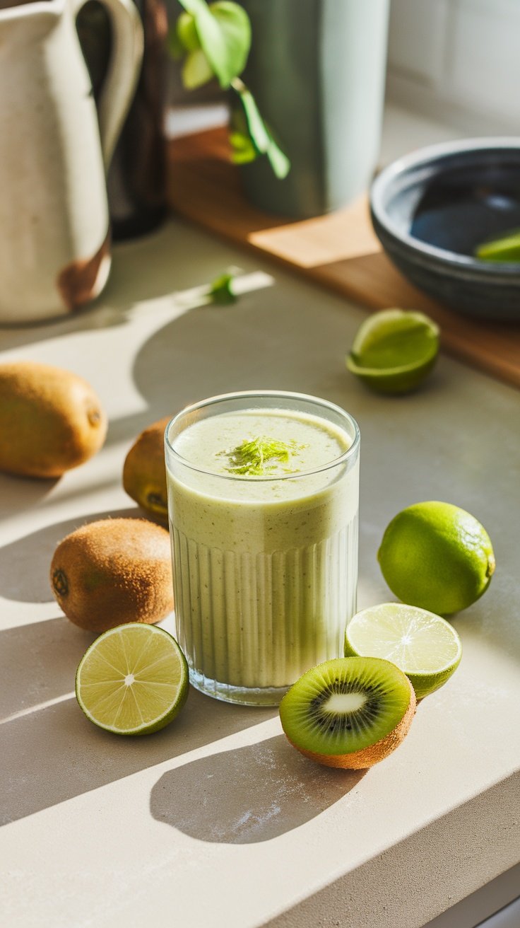 A refreshing kiwi and lime smoothie with fresh ingredients.