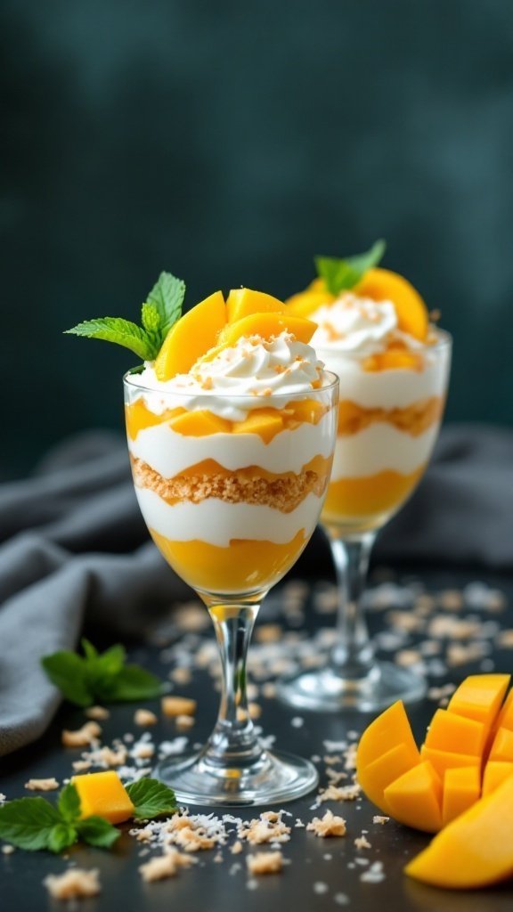 Two parfait glasses filled with layers of mango puree, whipped cream, and crushed graham crackers, garnished with fresh mint and toasted coconut.