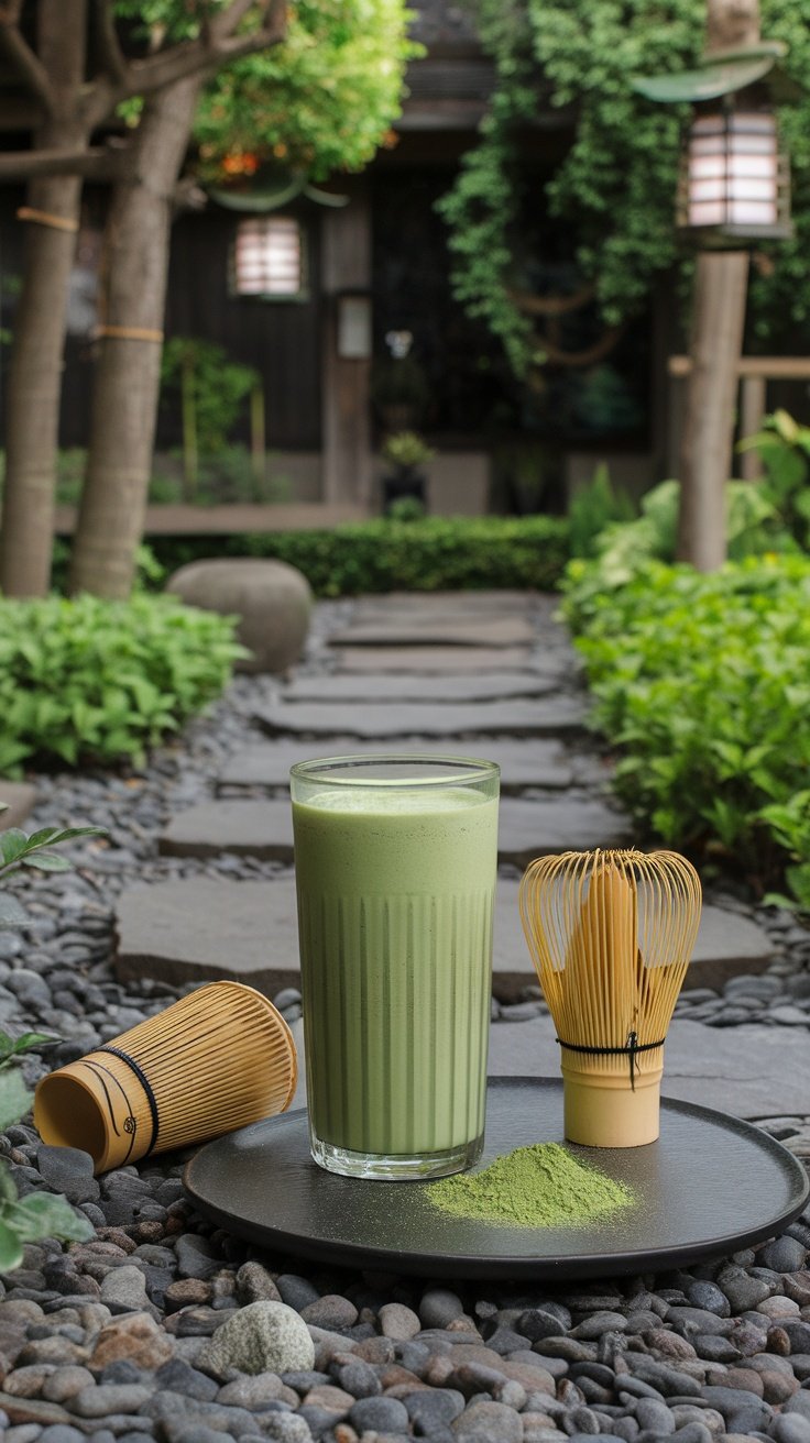 A refreshing green smoothie made with matcha green tea, served in a tall glass