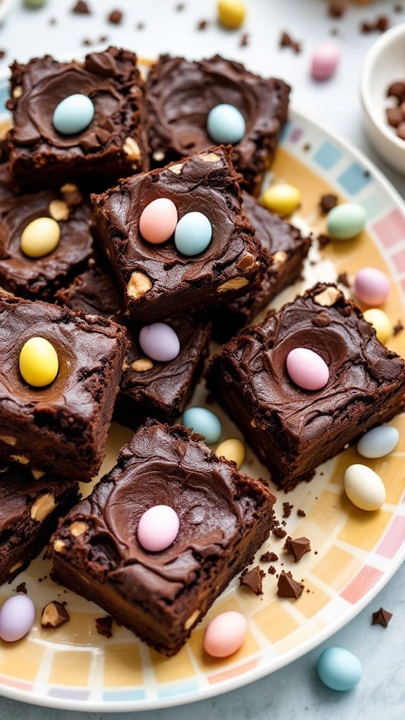 A plate of mini egg chocolate brownies topped with colorful mini eggs, perfect for Easter.