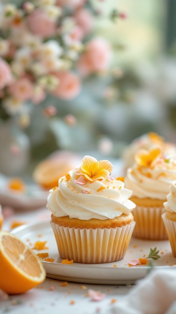 Delicious orange blossom scented cupcakes with creamy frosting and vibrant garnishes