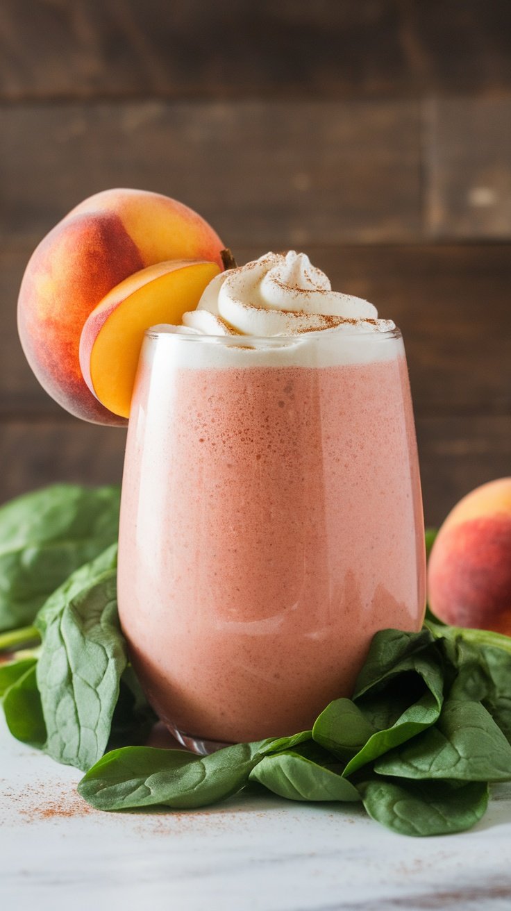 Peach and Spinach Smoothie in a glass with peach slices on top