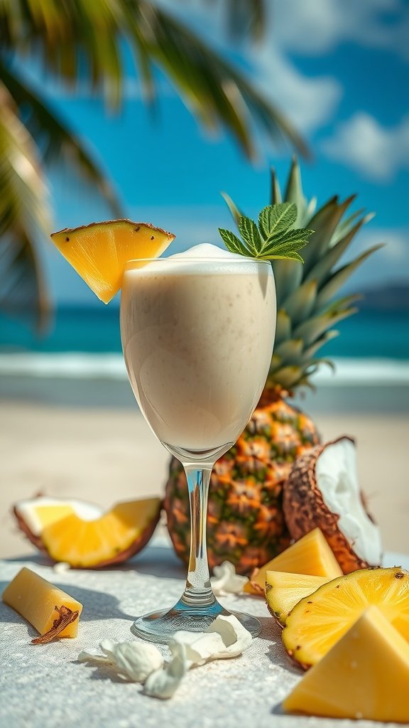 Pineapple Coconut Collagen Smoothie in a coconut shell