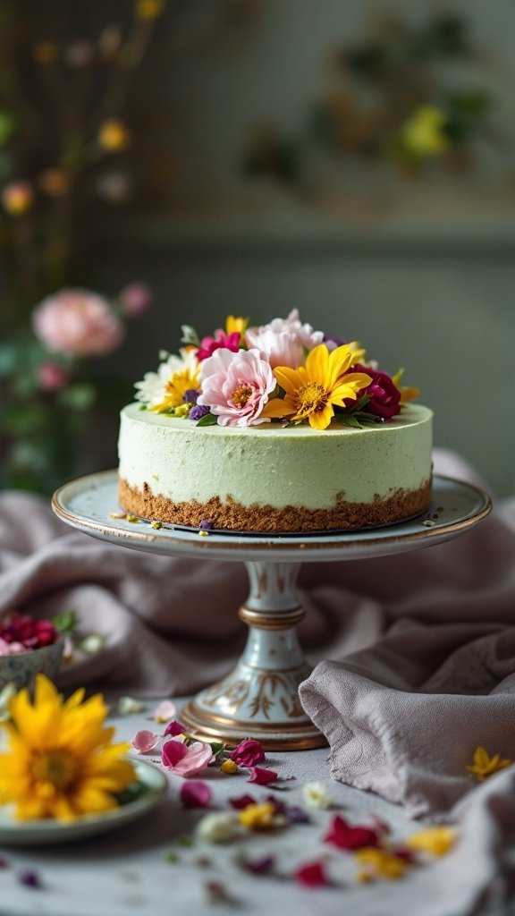 A beautifully decorated pistachio and rosewater cheesecake topped with colorful flowers.