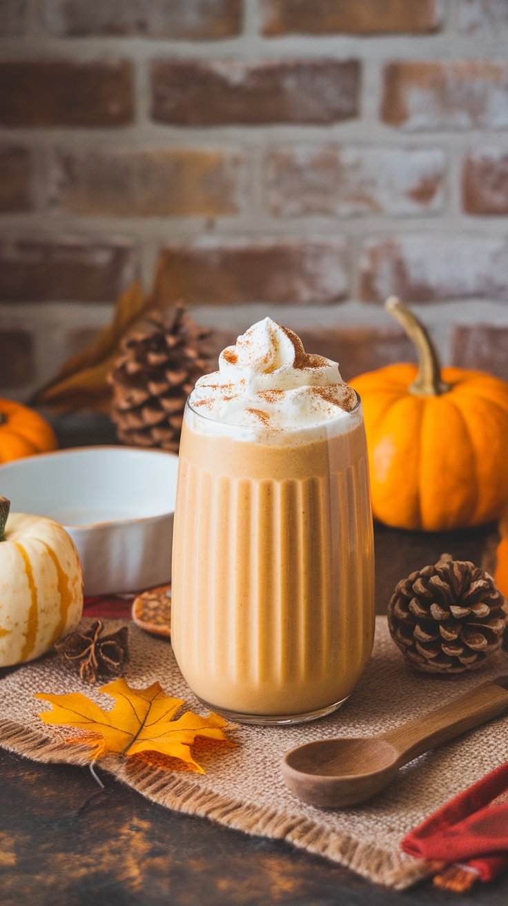 A creamy pumpkin spice smoothie topped with whipped cream and spices.