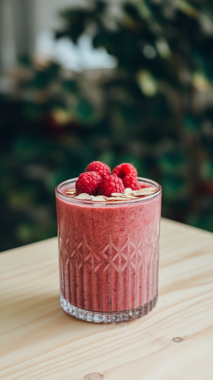 A refreshing raspberry almond smoothie topped with raspberries and almonds.