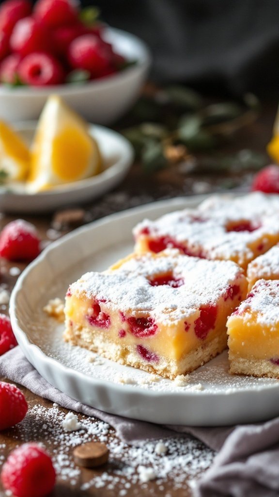 Raspberry lemon bars on a plate with fresh raspberries and lemon slices