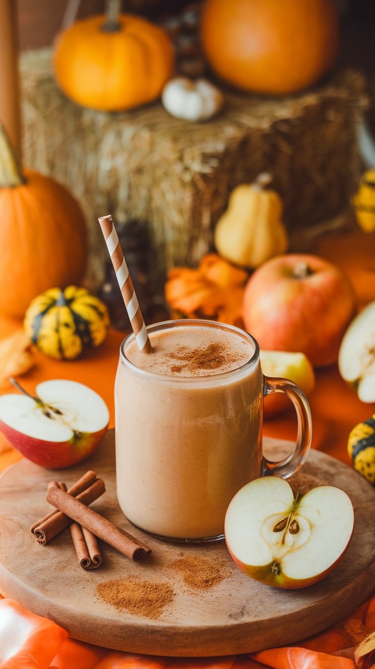 A spiced apple cider smoothie in a glass with a straw, surrounded by apples and cinnamon sticks.