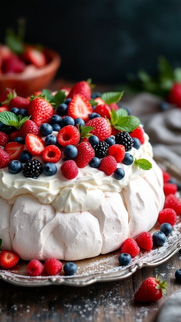 Spring Berry Pavlova topped with fresh berries and mint leaves