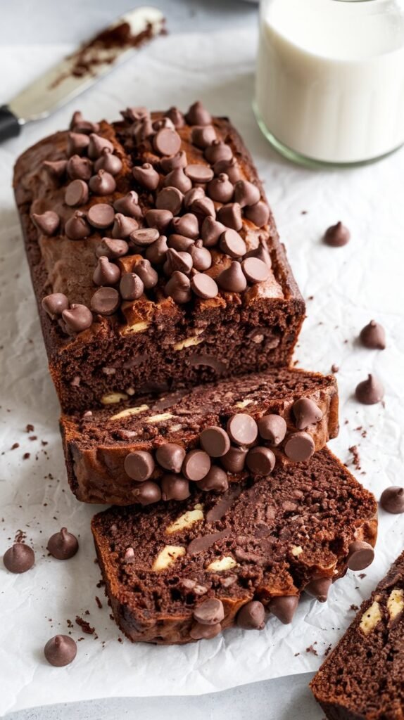 top-down image of a high protein chocolate banana bread loaf