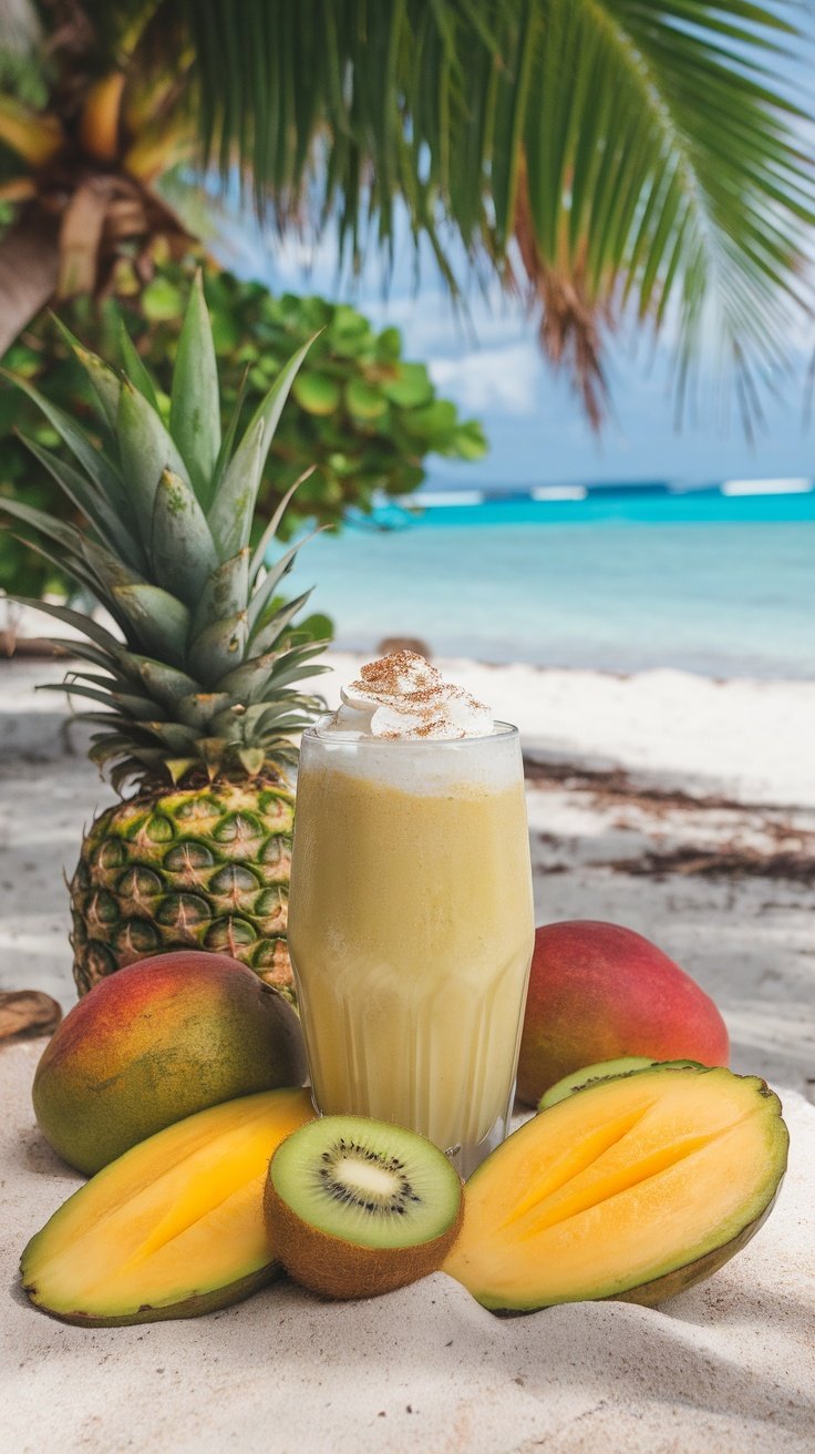 A refreshing Tropical Mango Avocado Smoothie served in a glass with fresh mango and avocado slices.