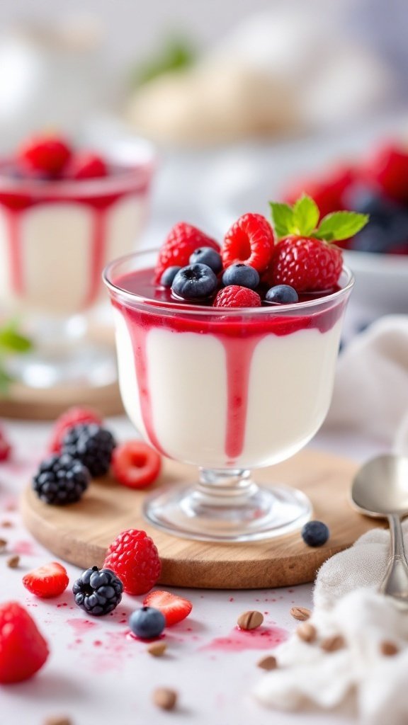 Vanilla bean panna cotta topped with berry sauce and fresh berries in a glass dessert cup.