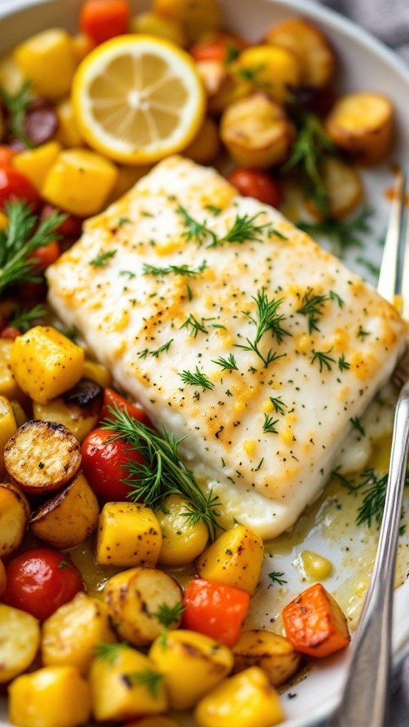 baked lemon dill cod fillet alongside roasted mixed vegetables on a serving platter