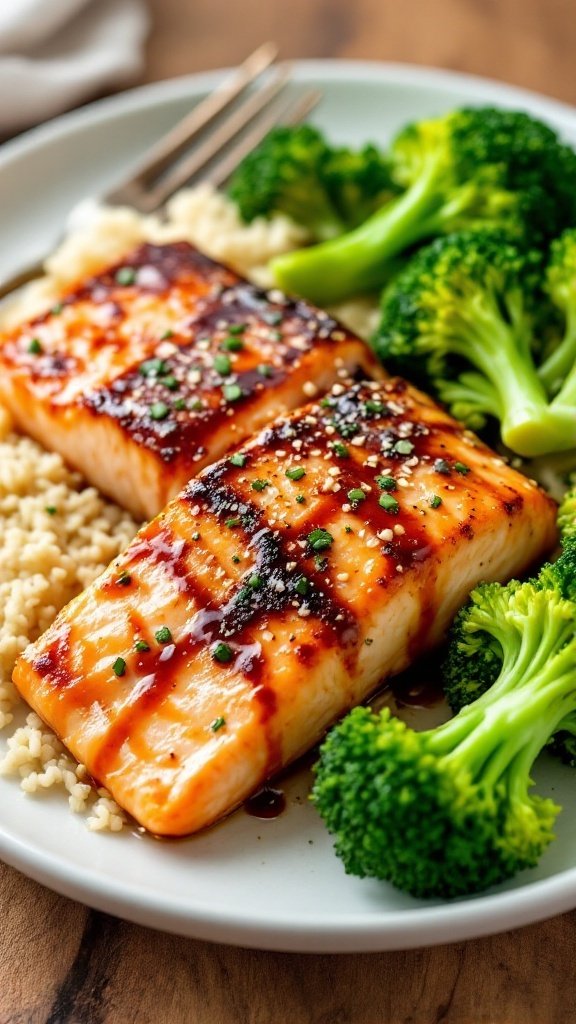 baked teriyaki salmon served with steamed broccoli on a bright plate
