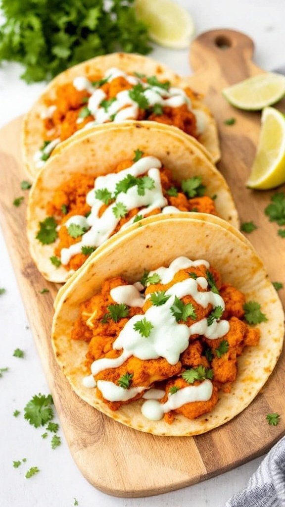 buffalo cauliflower tacos topped with blue cheese sauce served on a wooden board