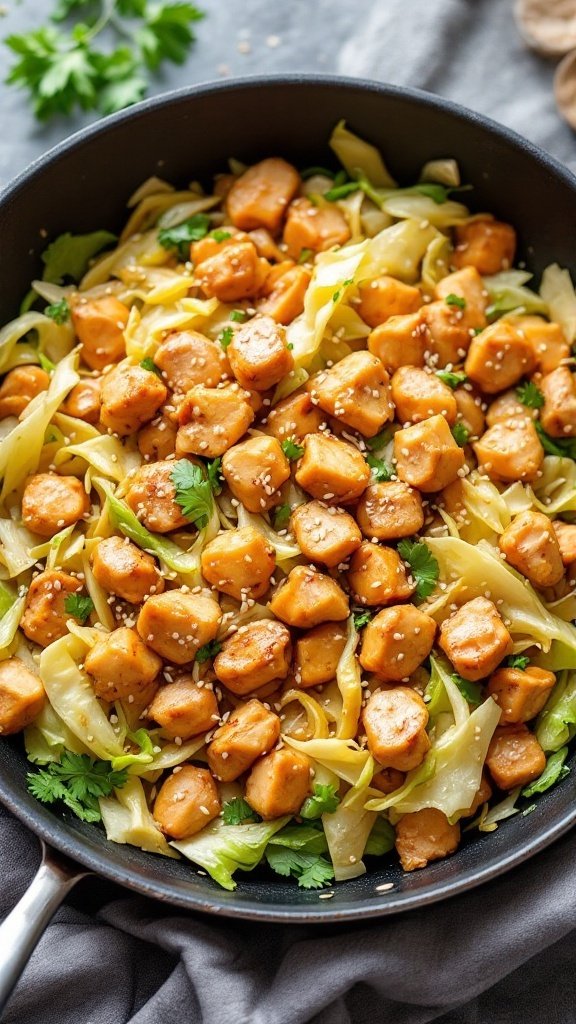 a skillet filled with cabbage and chicken stir-fry, garnished with sesame seeds