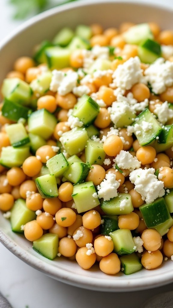 a refreshing chickpea salad with diced cucumber and crumbled feta cheese in a bowl