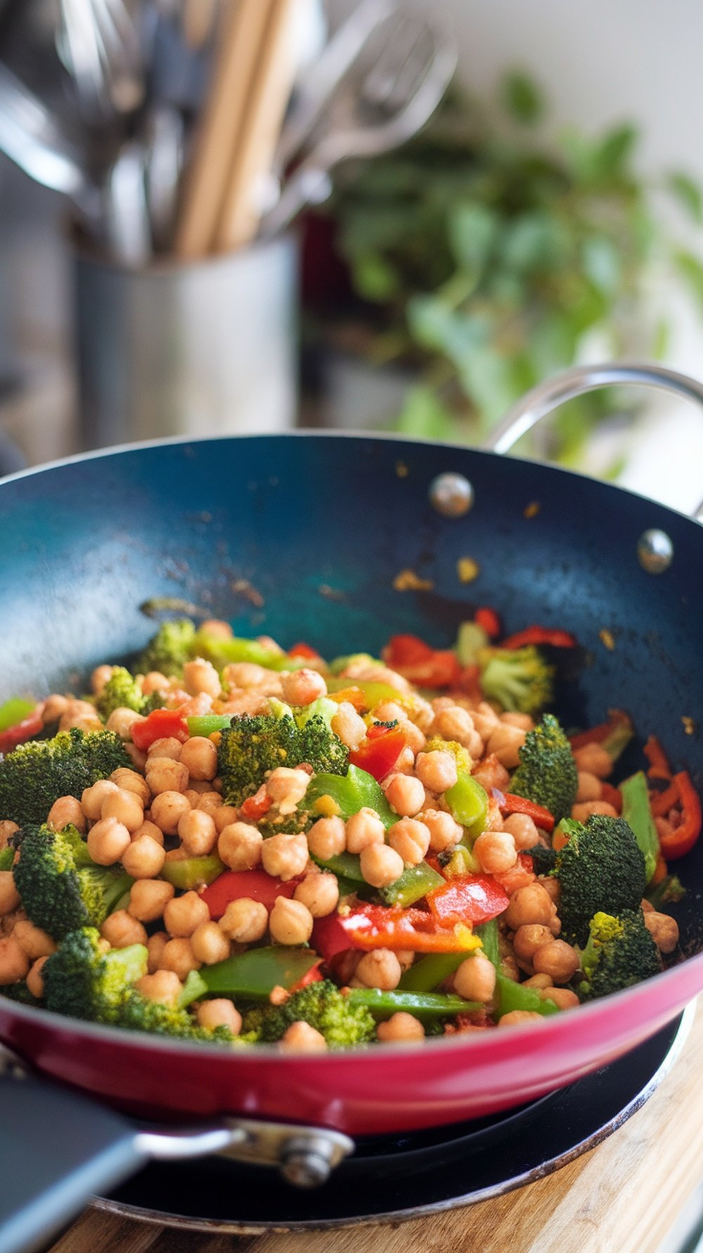 Chickpea stir-fry with broccoli and bell peppers in a skillet