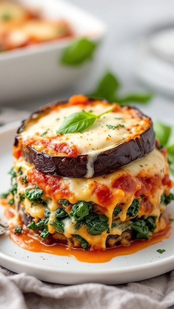 a serving of baked eggplant parmesan layered with spinach and melted cheese