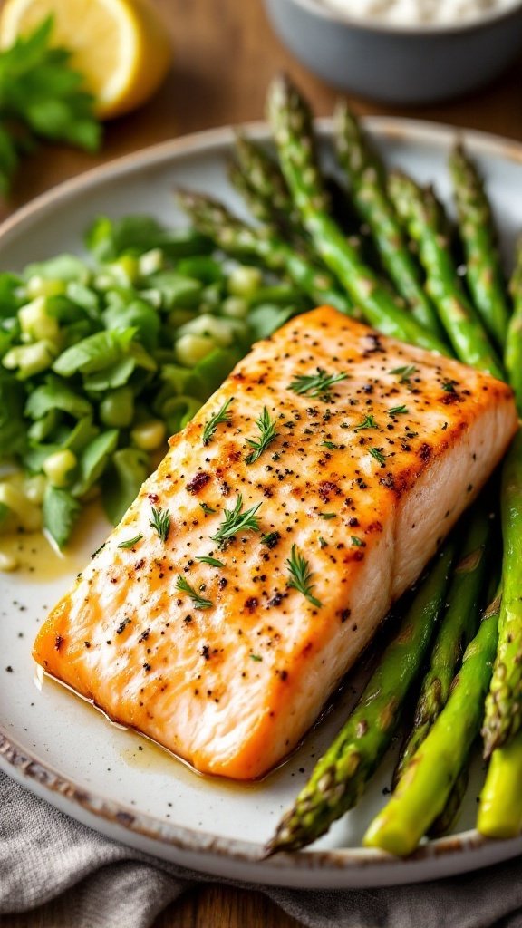 a beautifully plated garlic lemon salmon fillet with roasted asparagus on the side