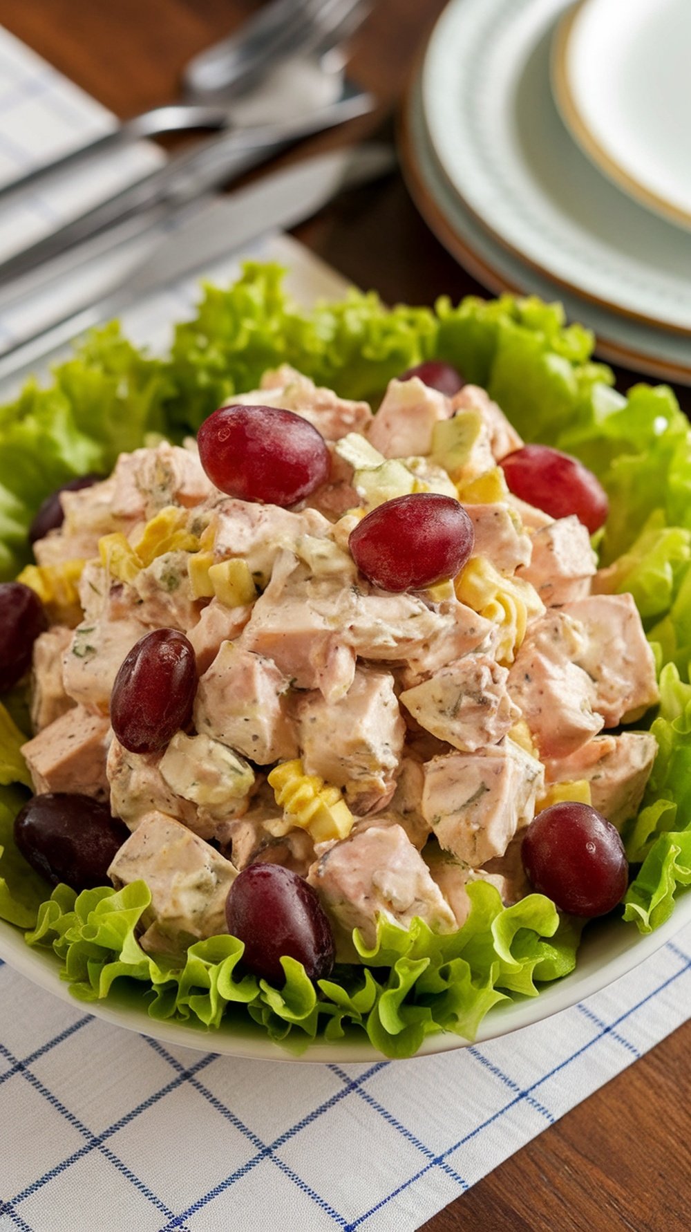 A bowl of Greek yogurt chicken salad with grapes, served on a bed of lettuce.