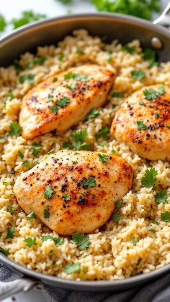 a skillet filled with herbed chicken cooked with rice, garnished with fresh herbs