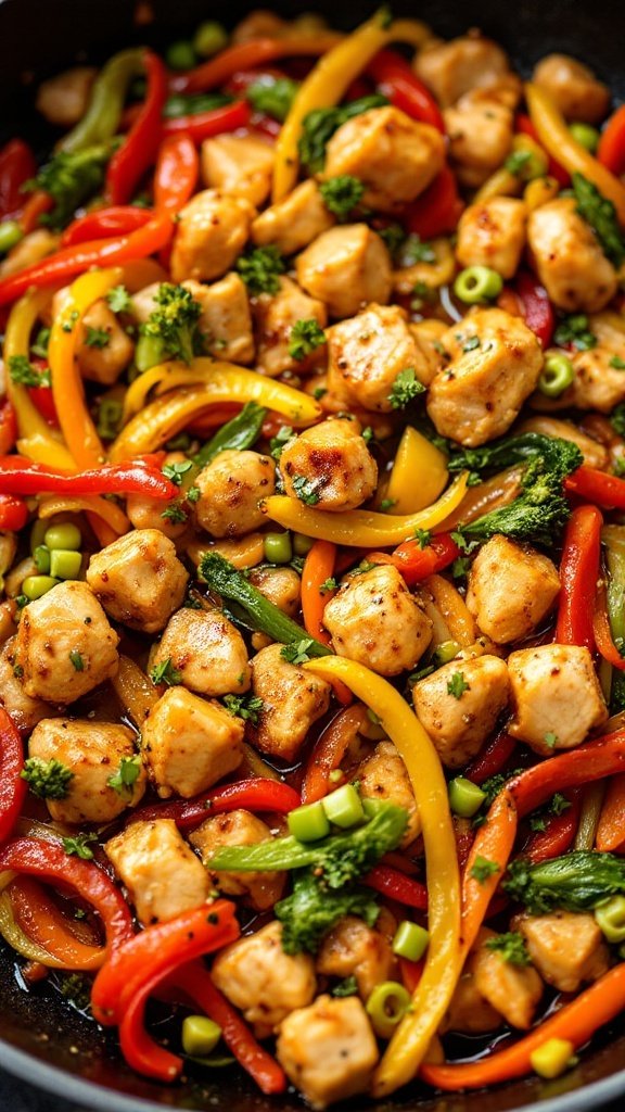 a vibrant honey garlic chicken stir-fry with colorful vegetables in a pan