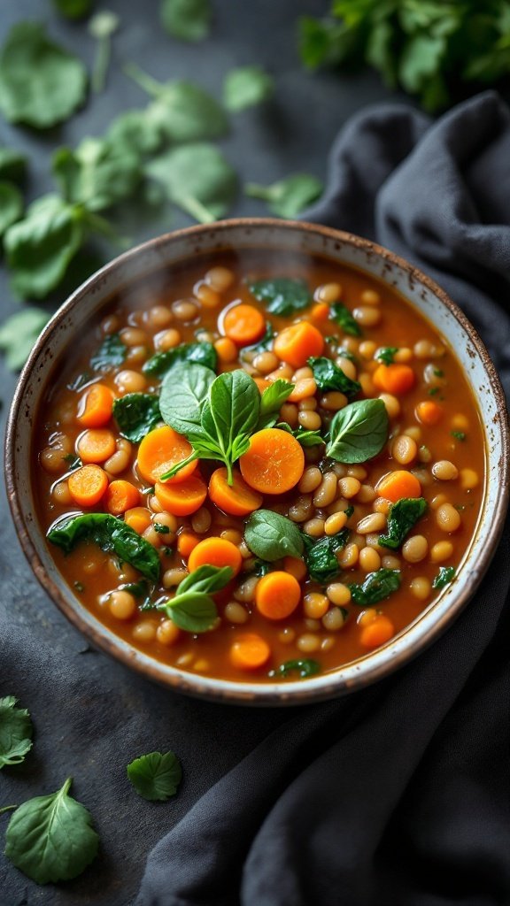 a steaming bowl of lentil soup packed with fresh spinach and sliced carrots