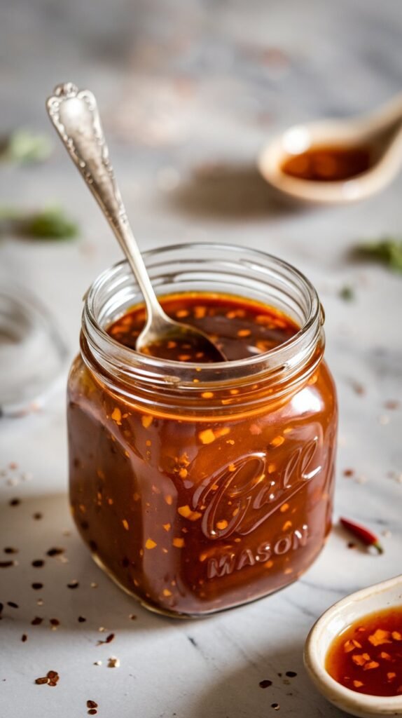 mason jar filled with rich, glossy honey garlic sauce