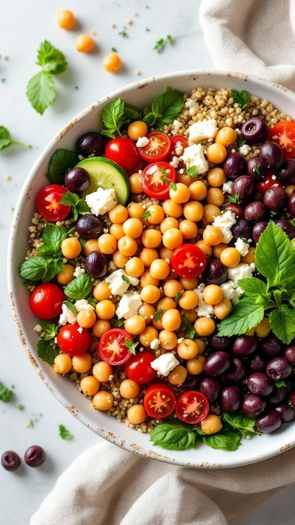 a quinoa bowl filled with chickpeas, cherry tomatoes, feta cheese, and olives, beautifully arranged