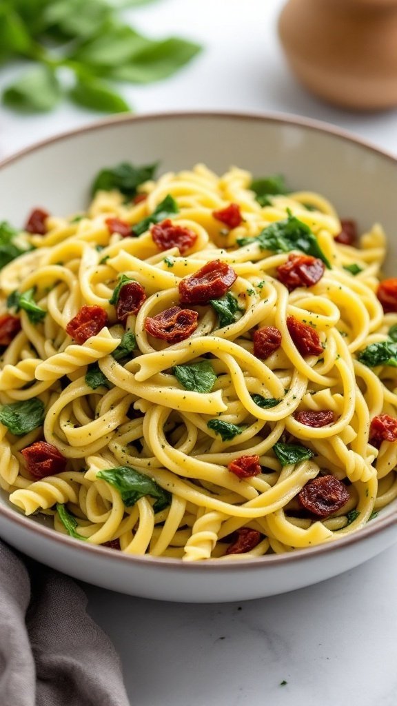 a bowl of pasta tossed with pesto, spinach, and sun-dried tomatoes, ready to be served