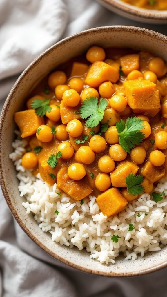 a bowl of pumpkin chickpea curry served over fluffy rice with cilantro garnish