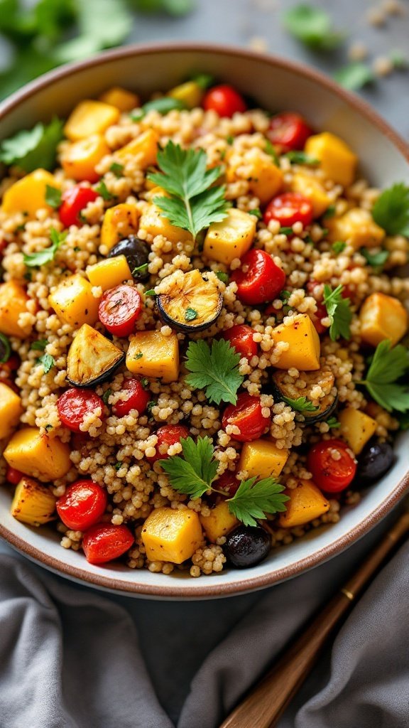 a hearty salad featuring quinoa and an assortment of roasted vegetables in a bowl