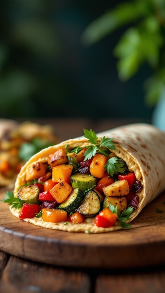 a delicious wrap filled with roasted vegetables and hummus, served on a wooden table