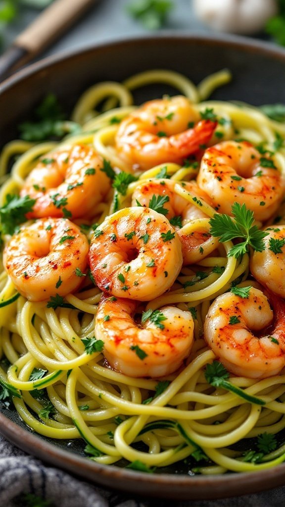 shrimp scampi served over zucchini noodles with a drizzle of olive oil and parsley