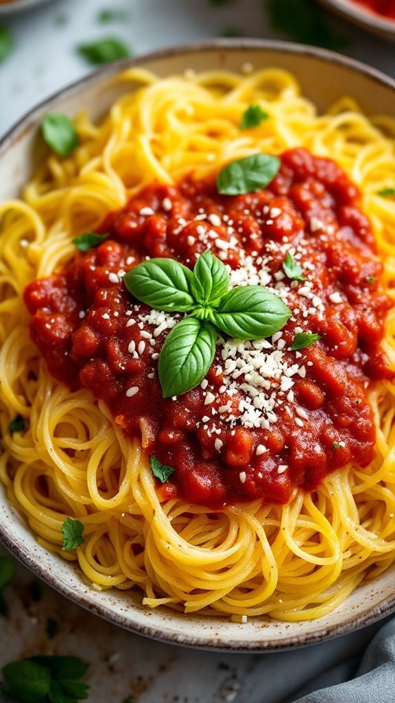 a bowl of spaghetti squash topped with rich marinara sauce and fresh basil
