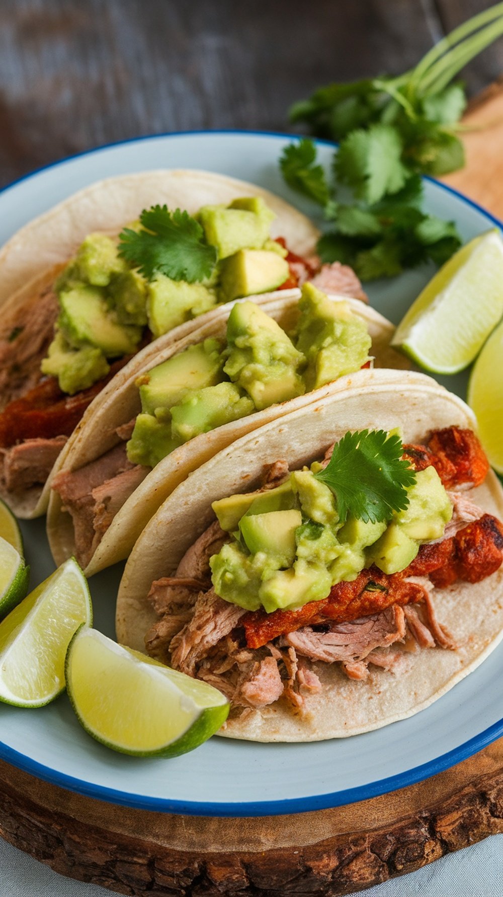 Delicious spicy turkey tacos topped with avocado salsa and served with lime wedges.