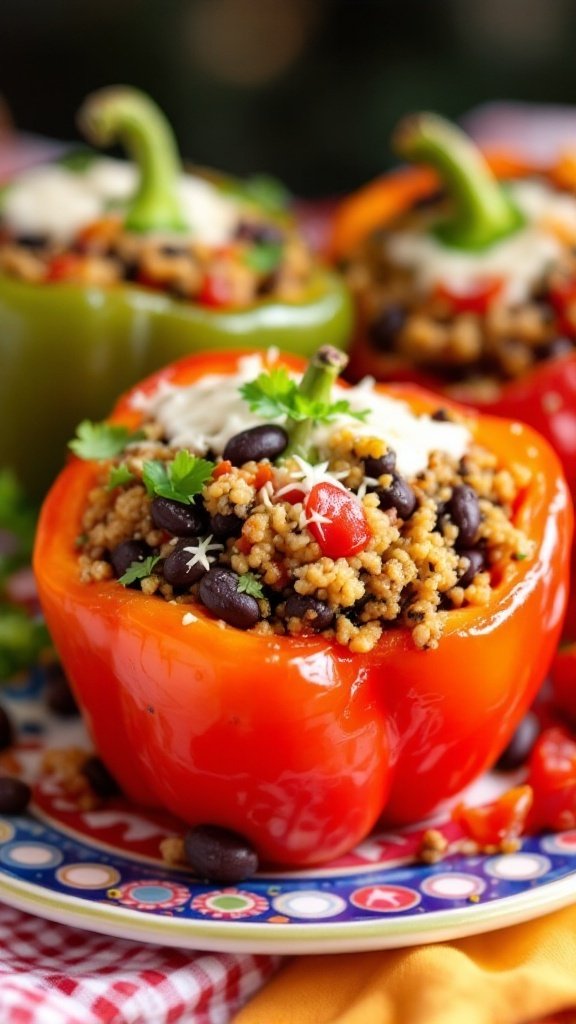 vibrant stuffed bell peppers filled with quinoa and black beans presented on a colorful plate