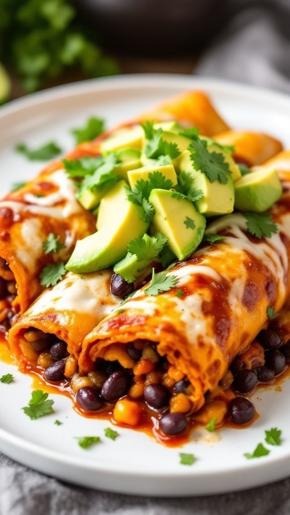 a plate of sweet potato and black bean enchiladas topped with avocado and cilantro