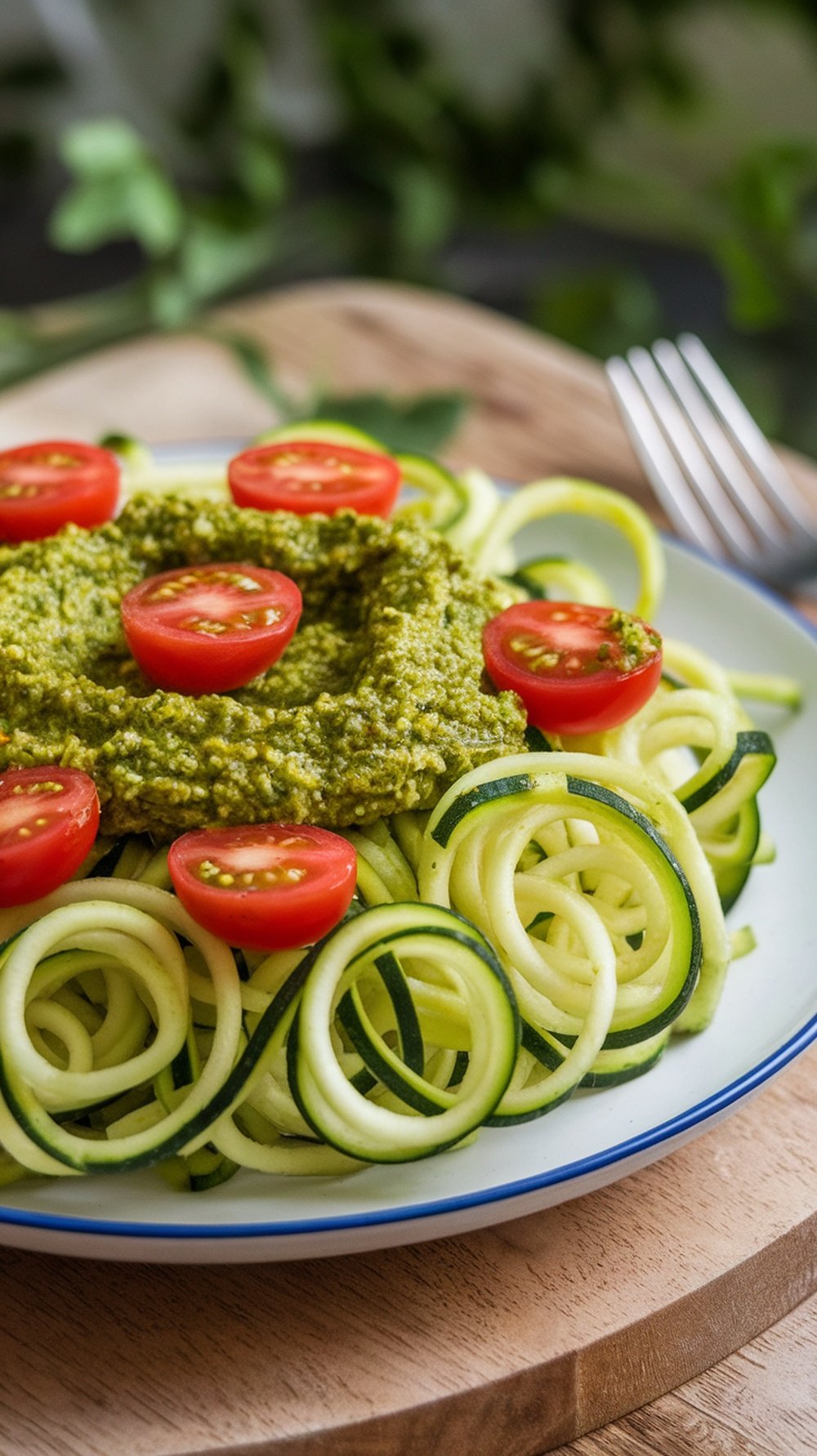A plate of zucchini noodles topped with pesto and cherry tomatoes.